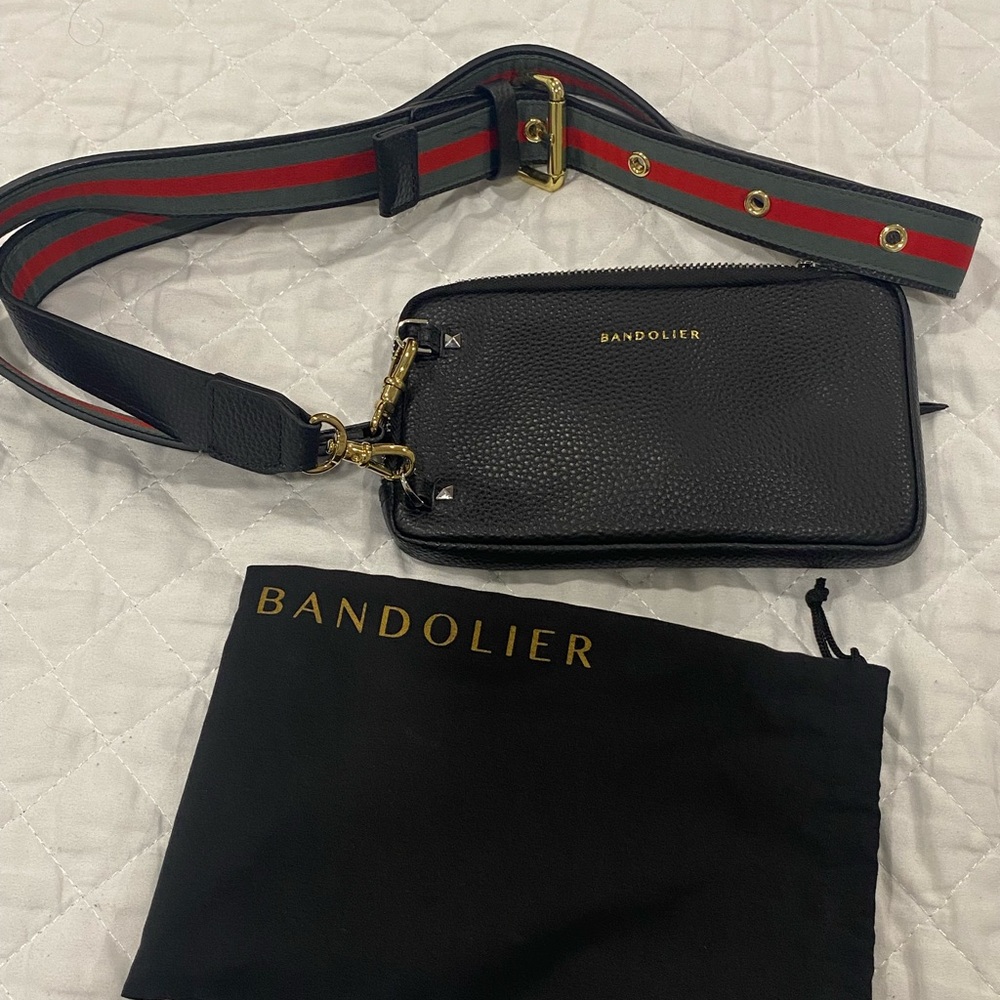 Bandolier Black Belt Bag with Red and Green Striped Strap